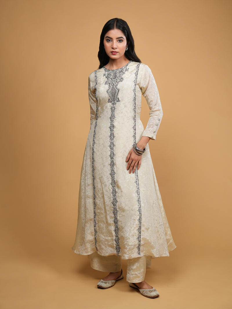 Ivory Gold Jacquard Tissue A-Line Kurta Set